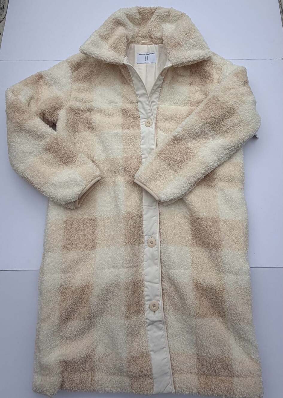 Women's Oversized Teddy Sherpa Long Coat Ivory Buffalo Plaid